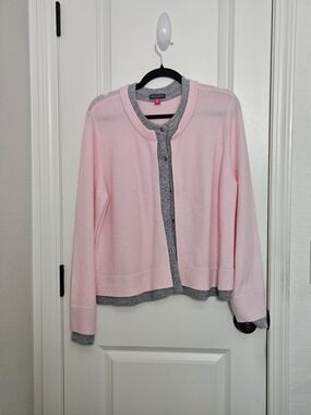 Vince Camuto Classic Pink Crewneck Cardigan with Gray Trim NWOT XL